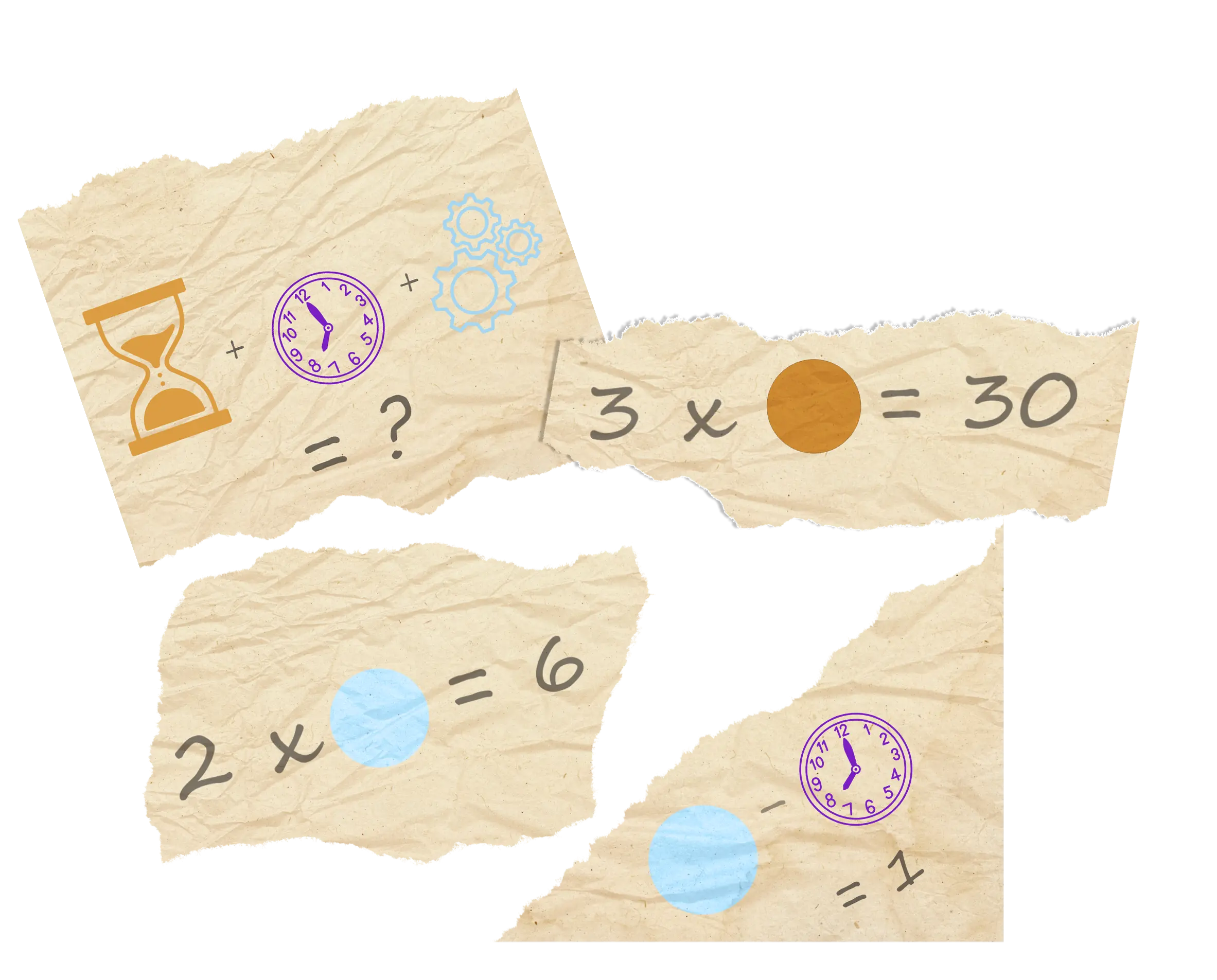 papiers déchirés, montrant des calculs illustrés