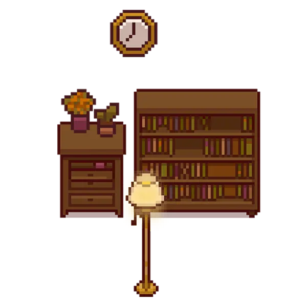 Illustration de notre partie armoires/étagères de notre jeu, en pixel art